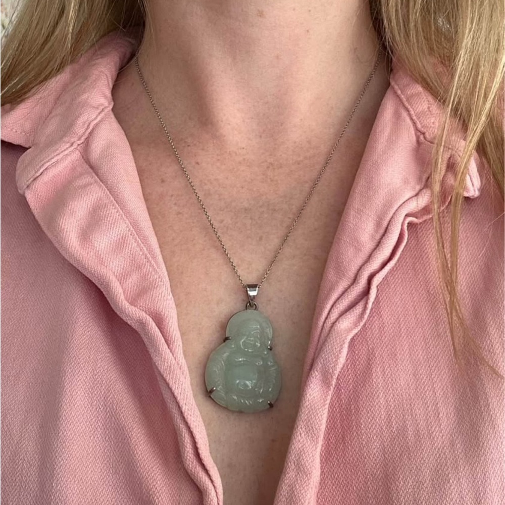 Sterling Silver Happy Buddha Jade Pendant Necklace (Sterling Silver .925)